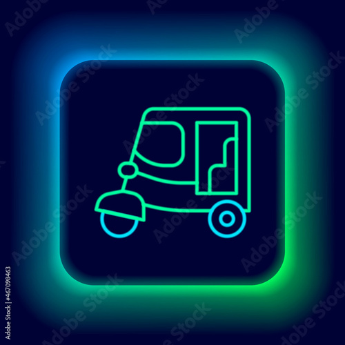 Glowing neon line Taxi tuk tuk icon isolated on black background. Indian auto rickshaw concept. Delhi auto. Colorful outline concept. Vector