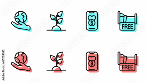 Set line Donation and charity, Hand holding Earth globe, Volunteer team planting trees and Free overnight stay house icon. Vector