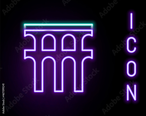 Glowing neon line Aqueduct of Segovia, Spain icon isolated on black background. Roman Aqueduct building. National symbol of Spain. Colorful outline concept. Vector