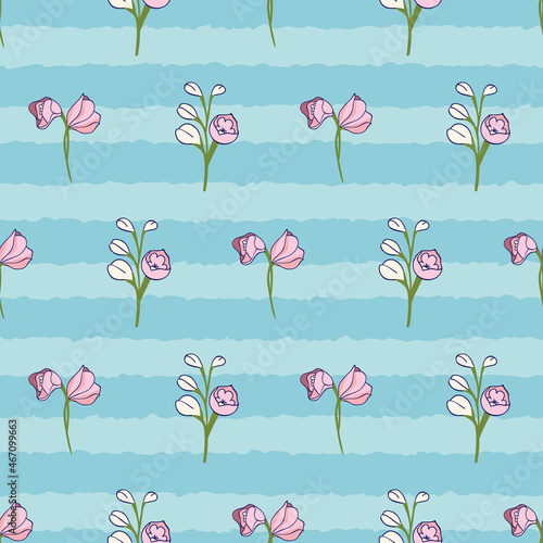 Small delphinium flower buds seamless pattern on blue stripes