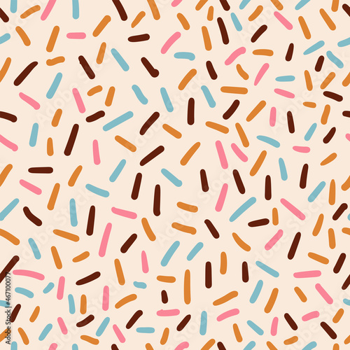 Line art vector illustration of pink, brown, yellow, blue colors ice cream sprinkles in pastel colors. Seamless pattern.
