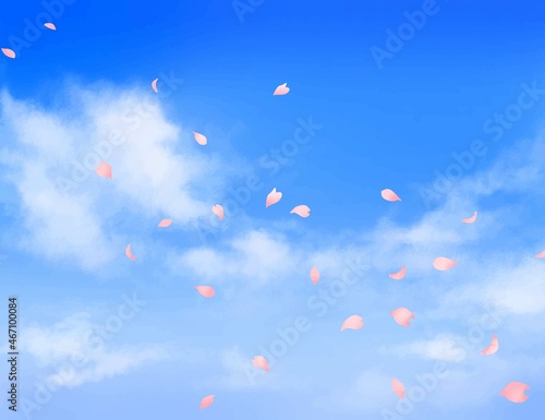美しく華やかな桜の花びら舞い散る春の爽やか青空に雲の横フレーム背景ベクター素材イラスト