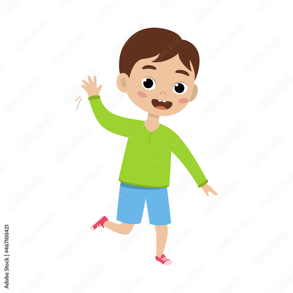 Cute boy kid. Funny child isolated on white background. Baby gesturing hello or goodbye and running, raised hand. Happy emotion boy. Vector illustration in flat style