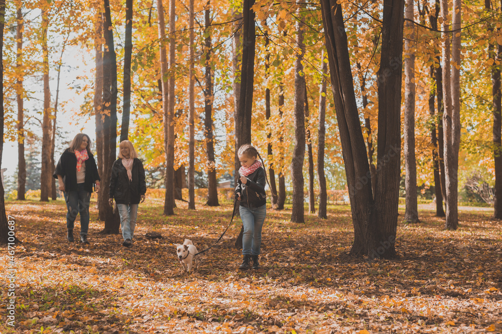 Grandmother and mother with granddaughter walks together in autumn park and having fun. Generation, leisure and family concept.