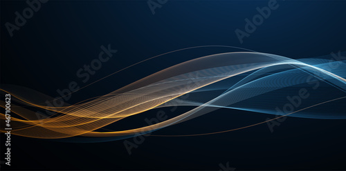 Abstract Waves. Shiny blue moving lines design element on dark background for greeting card and disqount voucher.