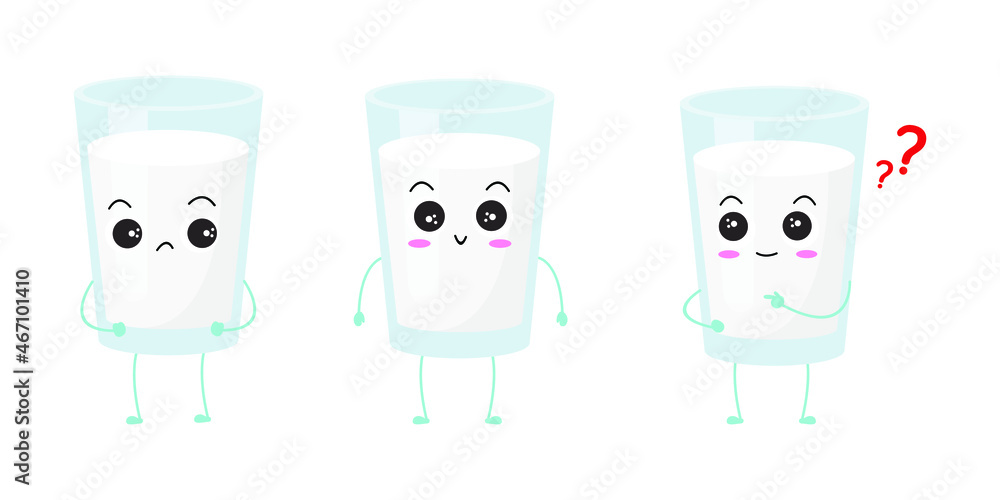 Fototapeta premium Kawaii cartoon of a glass of milk. Character of cute milk in the glass. chibi mascot. Illustration emoji milk in various expression. collection of cute expression. triplet 4
