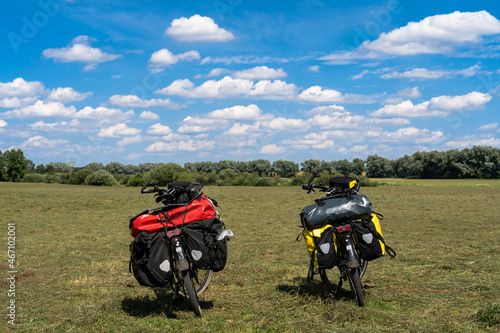 Packed travel bikes in the field