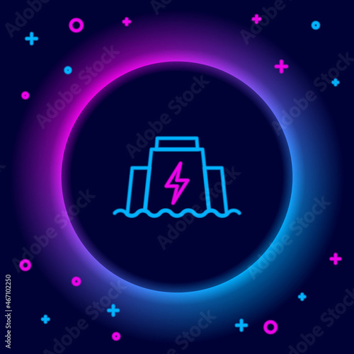 Glowing neon line Hydroelectric dam icon isolated on black background. Water energy plant. Hydropower. Hydroelectricity. Colorful outline concept. Vector