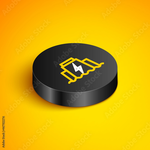Isometric line Hydroelectric dam icon isolated on yellow background. Water energy plant. Hydropower. Hydroelectricity. Black circle button. Vector