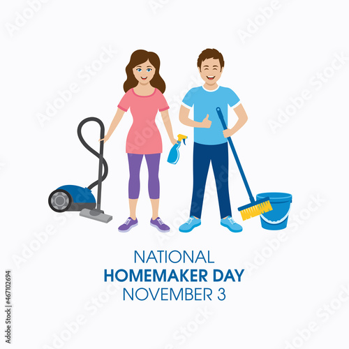 National Homemaker Day vector. Young couple cleaning home vector. Cheerful man and woman cleaner with household tools icon. Homemaker Day Poster, November 3. Important day