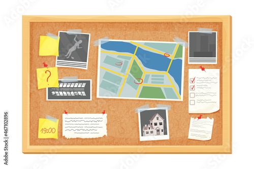 Detective investigation cork board, work place in cartoon style isolated on white background. Mystery photo, map, police mind plan . Vector illustration