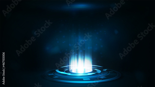 Blue digital portal with particles and hologram digital rings in dark room photo