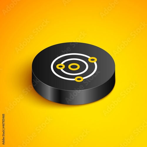 Isometric line Solar system icon isolated on yellow background. The planets revolve around the star. Black circle button. Vector