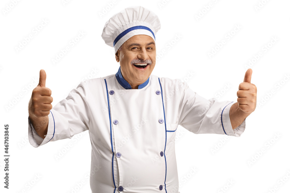 Cheerful mature male chef showing both thumbs up Cheerful mature male chef showing both thumbs up