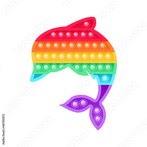 Pop it Toy for Elementary, Preschoolers Kids. Dolphin Shape. Colorful Bright Silicone Game. Isolated Rainbow Fish. Cartoon style. White background. Vector illustration for Children's Design.