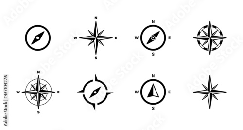 Rose of Wind and ompass icon set. North, south, west and east. Travel concept. Vector EPS 10. Isolated on white background