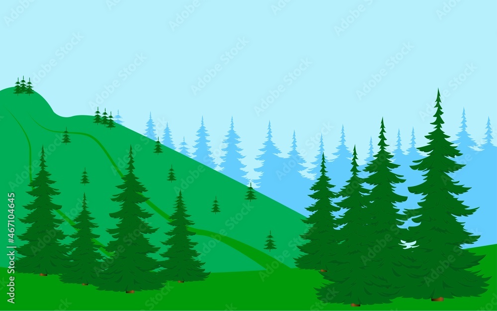Fototapeta premium Summer landscape with coniferous forest and mountain slope.