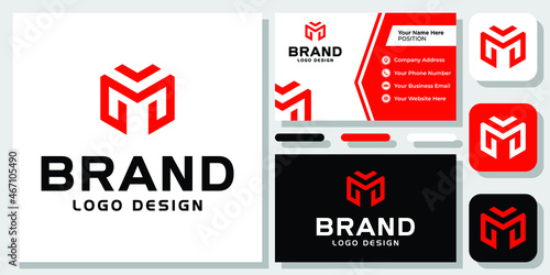 Initial Letter M Monogram Red Strong Geometric Fitness Gym Logo Design with Business Card Template