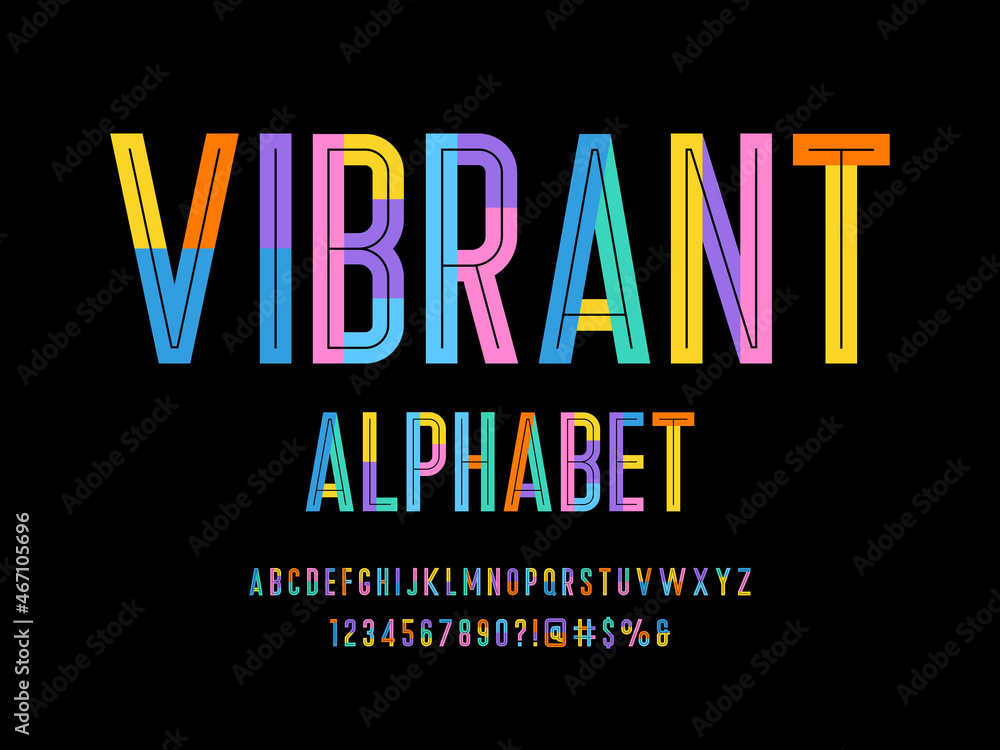 Colorful style alphabet design with uppercase, number and symbols