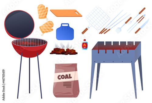 Set of elements for barbecue. Heat charcoal grill, skewers. Cooking meat. Vector illustration on a white background