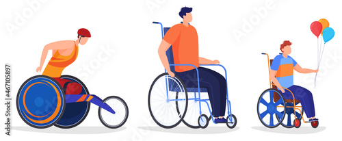 People in wheelchairs. Athlete with musculoskeletal problems. Assistance in the movement of the disabled. Vector illustration on a white background