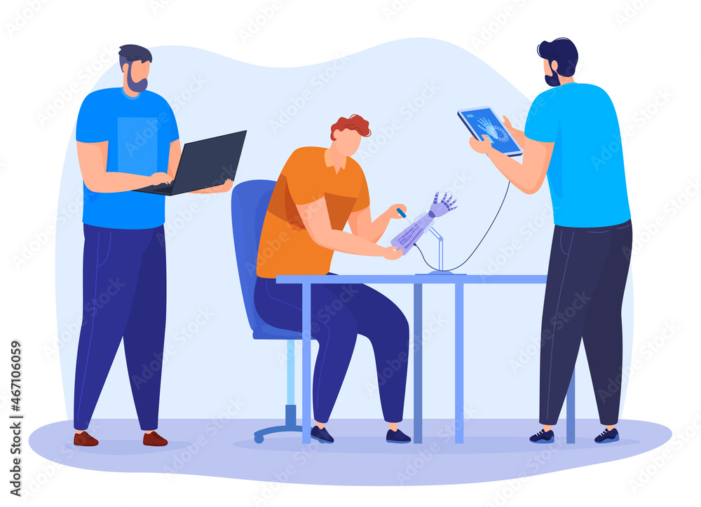 The engineer designs and develops parts using the latest technology. Prosthesis design. Vector illustration on a white background The engineer designs and develops parts using the latest technology. Prosthesis design. Vector illustration on a white background