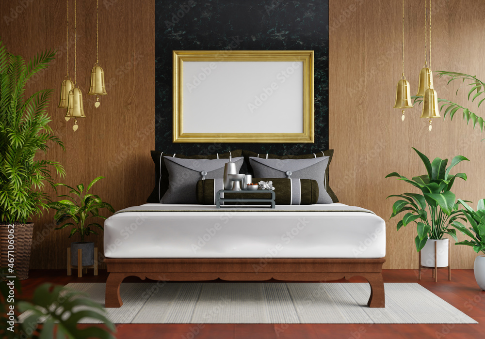 3D illustration Mockup photo frame in bedroom rendering 3D illustration Mockup photo frame in bedroom rendering