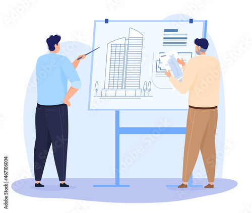 An engineer and an architect are considering a plan to build a multi-storey building. Design of housing and office space. Vector illustration on a white background