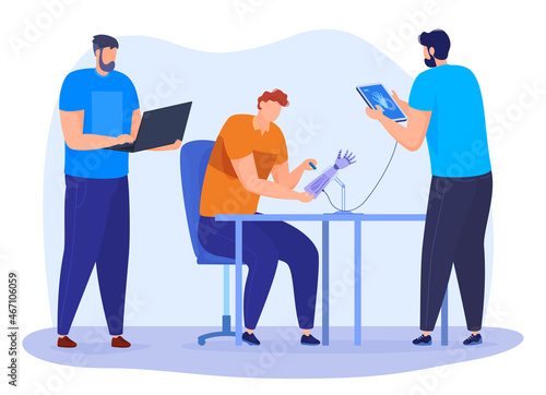 The engineer designs and develops parts using the latest technology. Prosthesis design. Vector illustration on a white background