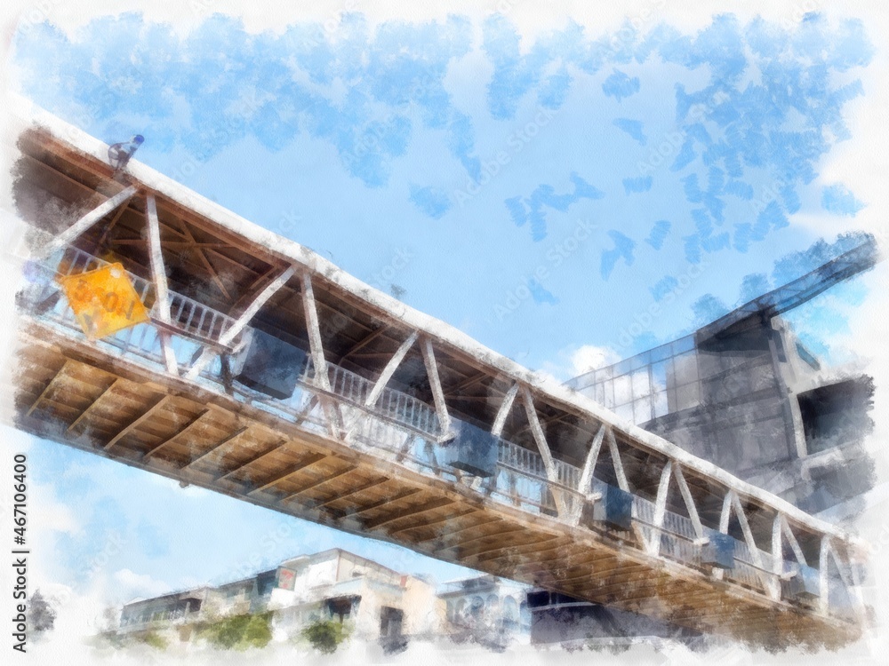The landscape of the overpass across the road watercolor style illustration impressionist painting.