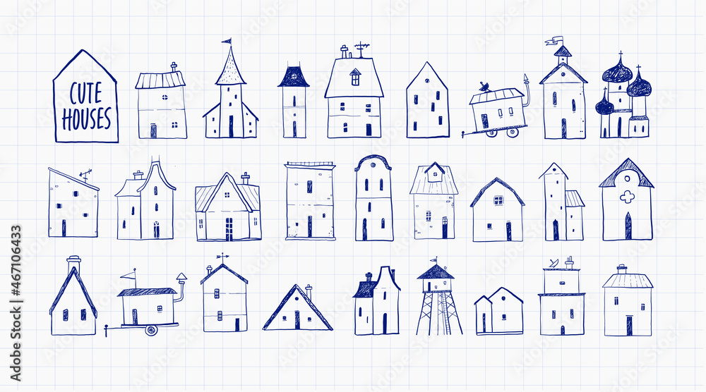 Fototapeta premium Collection of pen sketch doodle houses on lined paper background