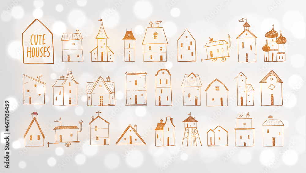 Collection of doodle houses on white glowing background.