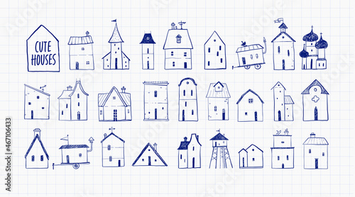 Collection of pen sketch doodle houses on lined paper background