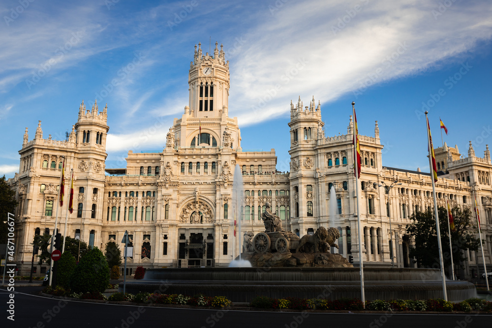Cibeles fountain and Cibeles palace at Madrid city center, Spain.