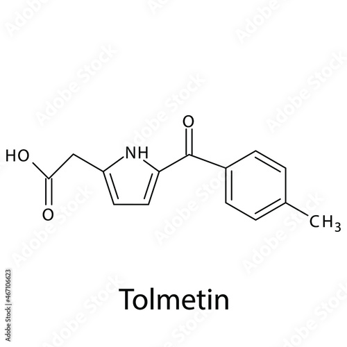 Tolmetin molecular structure, flat skeletal chemical formula. NSAID drug used to treat rheumatoid arthritis, osteoarthritis. Vector illustration.