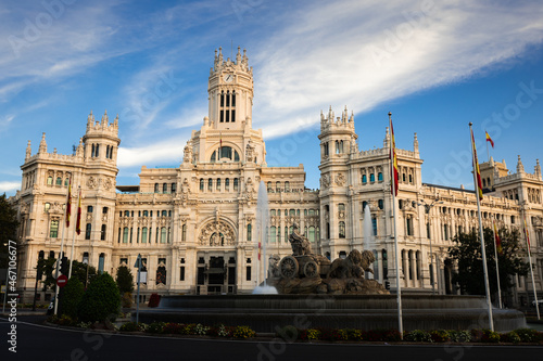 Cibeles fountain and Cibeles palace at Madrid city center, Spain.