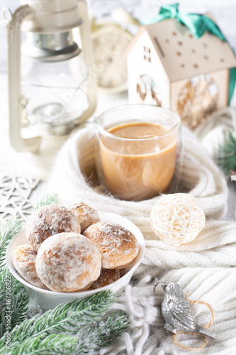 Beautiful christmas concept with sweets hot coffee and accessories