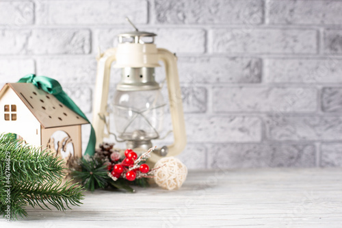 Christmas background and decoration accessories on abrick light background photo