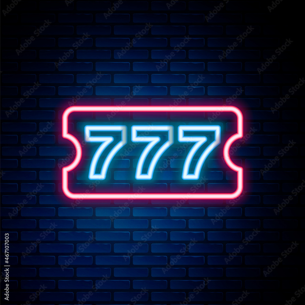 Glowing neon line Lottery ticket icon isolated on brick wall background. Bingo, lotto, cash prizes. Financial success, prosperity, victory, winnings luck. Colorful outline concept. Vector Glowing neon line Lottery ticket icon isolated on brick wall background. Bingo, lotto, cash prizes. Financial success, prosperity, victory, winnings luck. Colorful outline concept. Vector