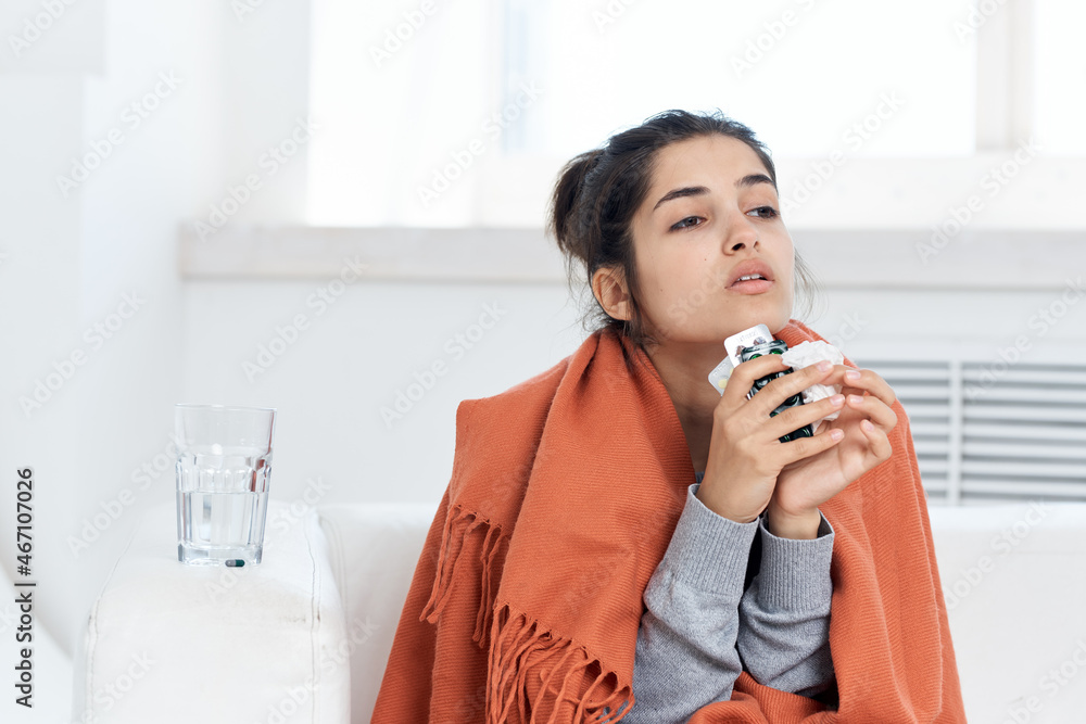 sick woman sitting at home medication treatment sick woman sitting at home medication treatment