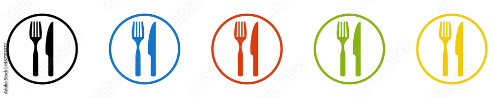Bunter Banner mit 5 farbigen Icons: Besteck, Restaurant, Essen oder Speisekarte Bunter Banner mit 5 farbigen Icons: Besteck, Restaurant, Essen oder Speisekarte