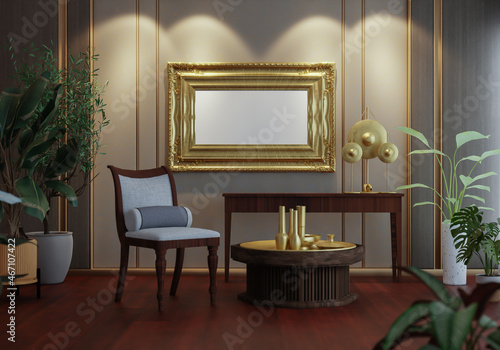 3D illustration Mockup photo frame in lounge rendering