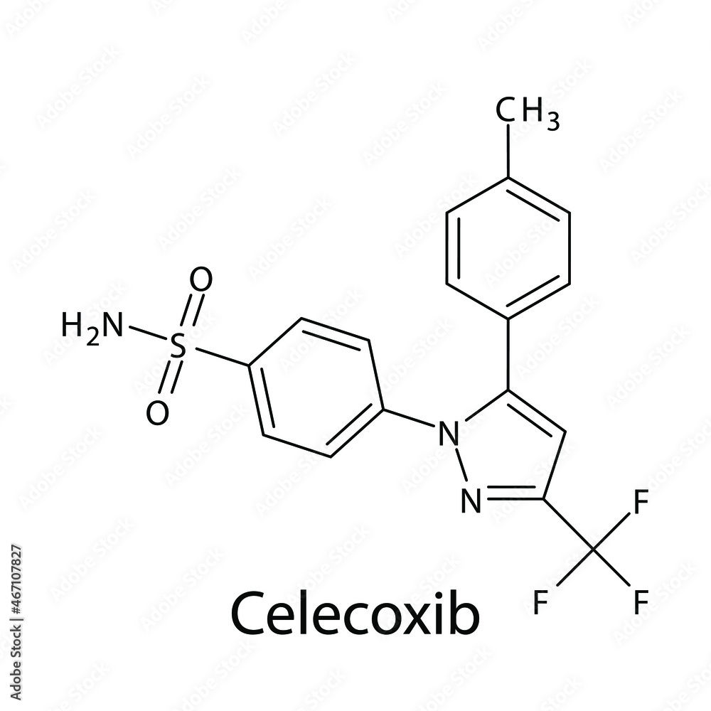 Celecoxib molecular structure, flat skeletal chemical formula. NSAID drug used to treat osteoarthritis, rheumatoid arthritis, juvenile rheumatoid arthritis. Vector illustration. Celecoxib molecular structure, flat skeletal chemical formula. NSAID drug used to treat osteoarthritis, rheumatoid arthritis, juvenile rheumatoid arthritis. Vector illustration.