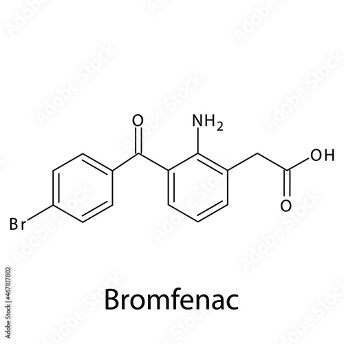 Bromfenac molecular structure, flat skeletal chemical formula. NSAID drug used to treat Occular pain, inflammation. Vector illustration.