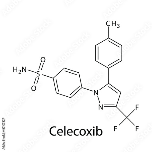 Celecoxib molecular structure, flat skeletal chemical formula. NSAID drug used to treat osteoarthritis, rheumatoid arthritis, juvenile rheumatoid arthritis. Vector illustration.