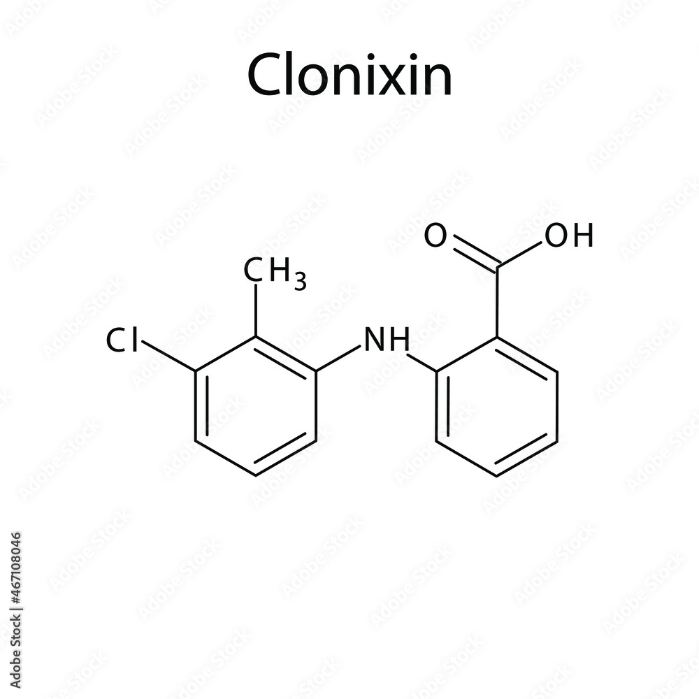 Clonixin molecular structure, flat skeletal chemical formula. NSAID drug used to treat pain, inflammation, arthritis. Vector illustration.