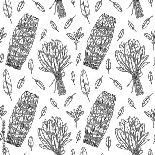 Hand drawn seamless pattern with herbal bunches. Vector illustration in sketch style