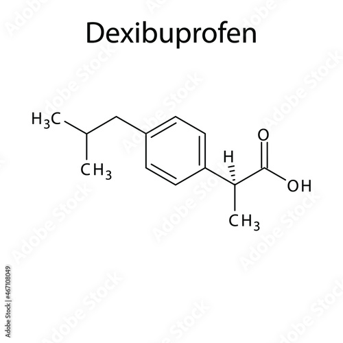 Dexibuprofen molecular structure, flat skeletal chemical formula. NSAID drug used to treat arhtritis, sprains, dental pain, pain. Vector illustration.