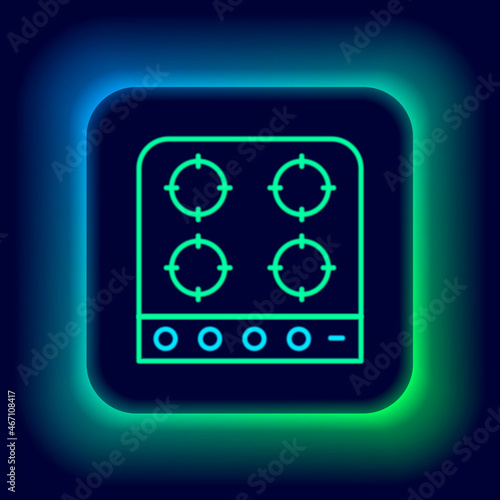 Glowing neon line Gas stove icon isolated on black background. Cooktop sign. Hob with four circle burners. Colorful outline concept. Vector