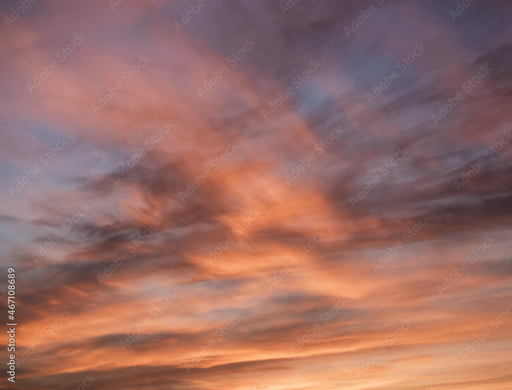 True and majestic sky background with sunset and soft colored clouds